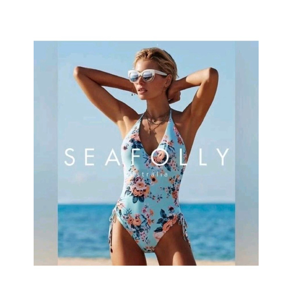 Seafolly Other - Seafolly Blue Floral Reversible Halter One Piece Swimsuit sz Large